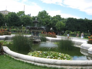 Fountain in city park... love the lily pads